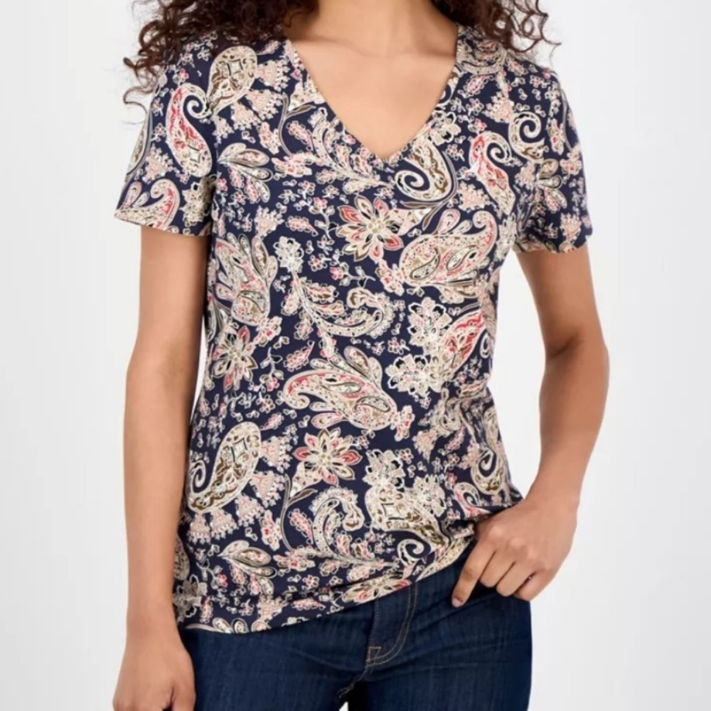 Nautica Navy Paisley V-Neck Short Sleeve Top